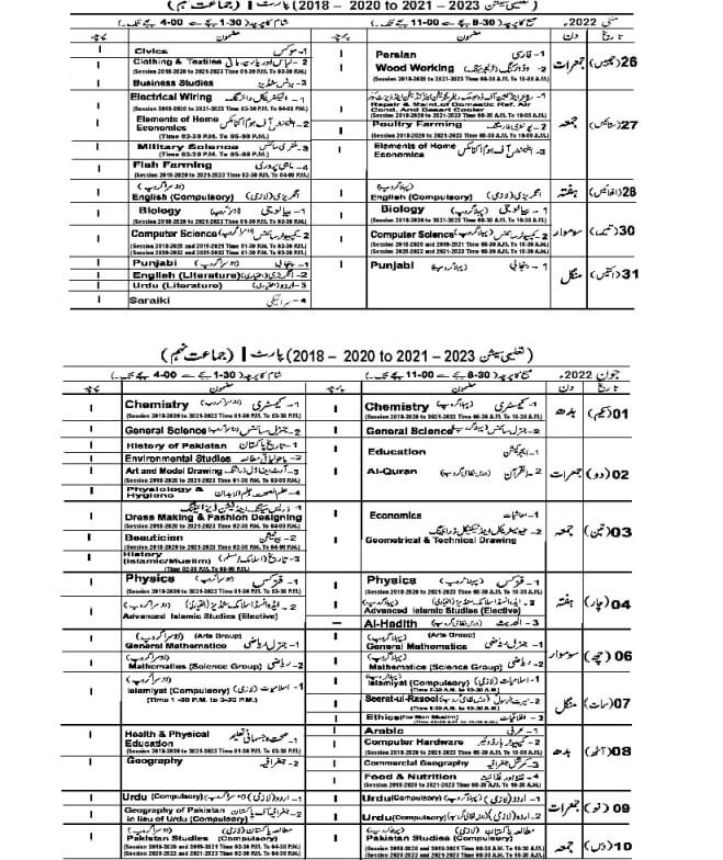 bise lahore matric 9th date sheet 2022
